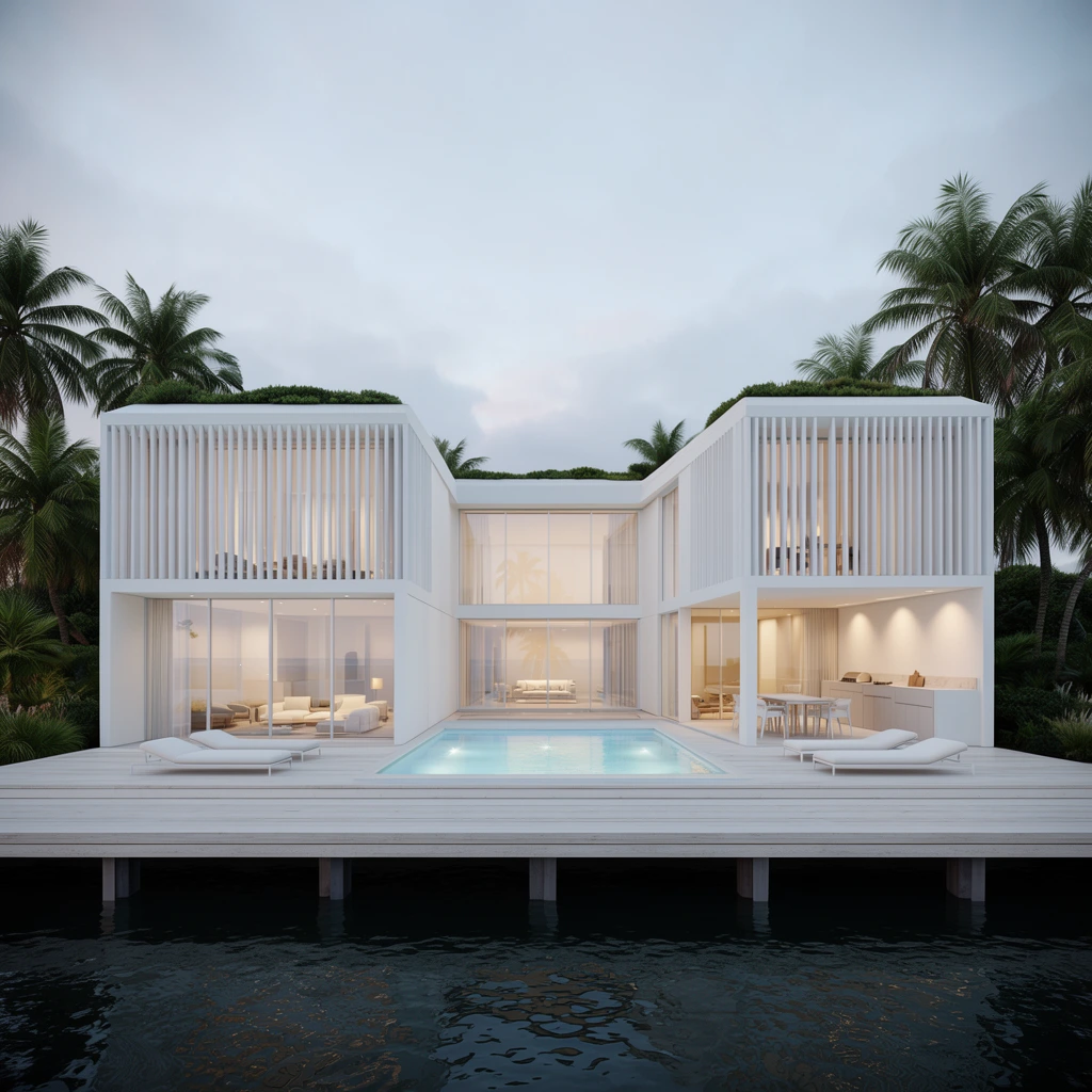 A modern two-story white villa with expansive glass windows and a swimming pool sits over a tranquil dark body of water. The geometric architecture features vertical white louvers, a flat roof topped with greenery, and warm glowing interiors. A pale wooden deck on pilings stretches across the foreground, leading to a rectangular pool flanked by minimalist white lounge chairs. An outdoor kitchen occupies a patio on the right. Lush palm trees frame the crisp structure against a soft overcast twilight sky. The photorealistic architectural visualization balances cool ambient dusk light with inviting interior illumination.