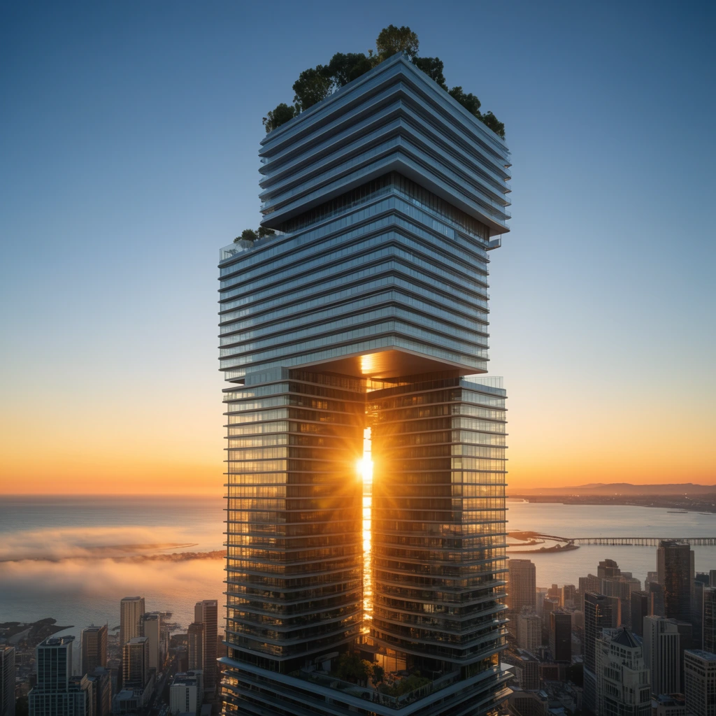 monumental interlocking skyscraper, stacked rectangular glass volumes with horizontal balcony bands, rooftop greenery, blazing golden sun piercing a massive lower architectural void, coastal city skyline, low fog over ocean bay, distant causeway, orange to blue sunset sky gradient, hyperrealistic architectural visualization