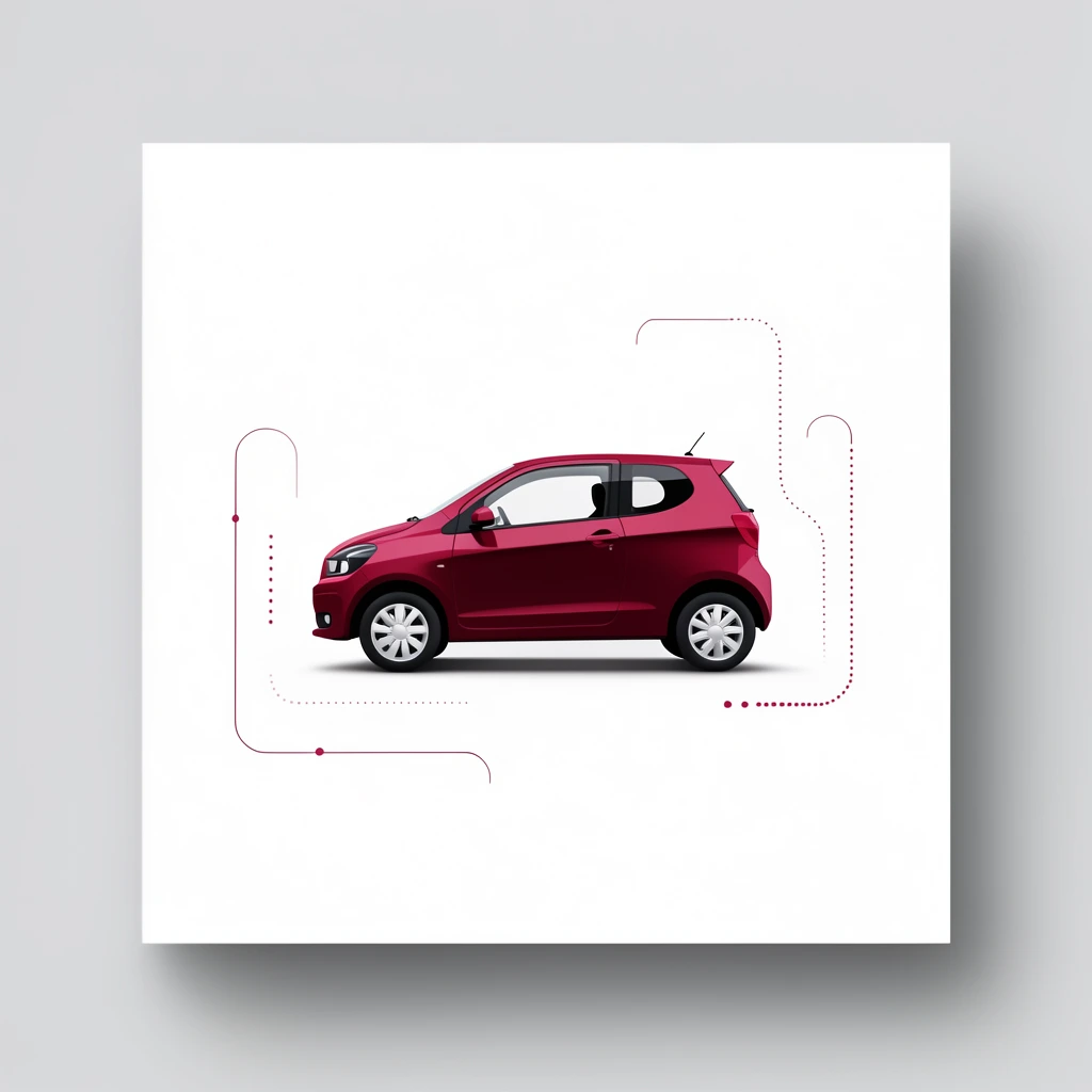 A small two-door car viewed from the side, rendered in deep crimson red, centered on a pristine white square canvas. The central white canvas casts a soft, diffused drop shadow onto a flat light gray outer background. Delicate, ultra-thin crimson line art and minimalist dotted pathways accent the stark white negative space surrounding the vehicle. The lighting is even and studio-like, emphasizing crisp geometric edges, high-contrast flat vector-style graphic elements, and a pristine, modern visual aesthetic.