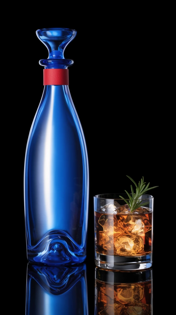 A vibrant blue glass bottle and a short glass of amber liquid rest on a highly reflective black surface against a pitch-black background. The tall bottle features a flared stopper, a red paper neckband, and a sculpted base. The rocks glass contains ice and a green rosemary sprig. High-contrast studio product lighting creates a bright vertical highlight along the bottle's smooth curve and casts crisp mirror reflections of both illuminated objects below.