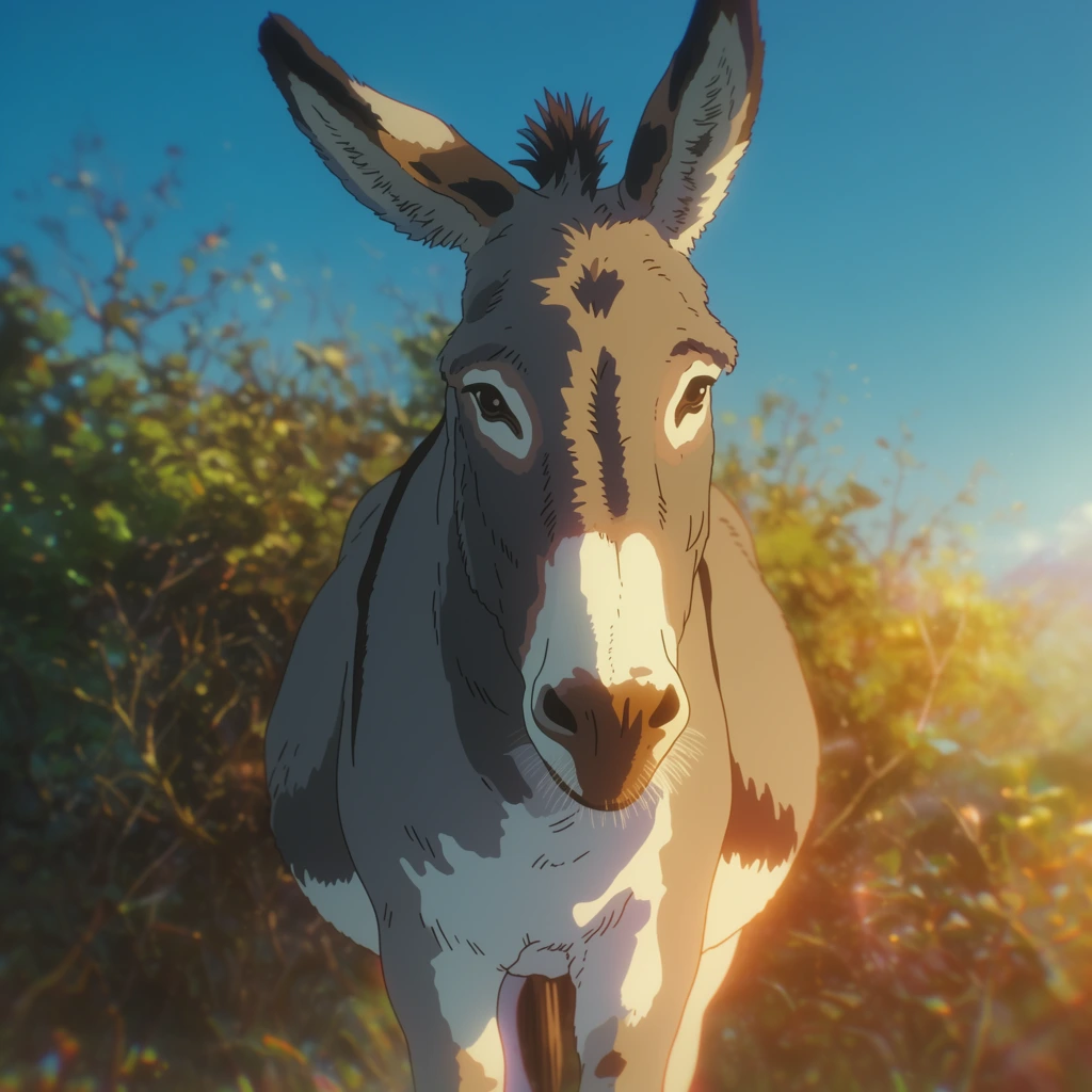 A donkey standing in front of foliage and brush, rendered in a hyper-detailed, cinematic 2D anime style characteristic of modern high-budget Japanese animated films. The donkey is illustrated using delicate, precise dark line art and complex cel-shaded coloring, featuring crisp shadow boundaries alongside soft, luminous gradients. Intense, warm golden-hour sunlight bathes the animal, creating radiant, overexposed highlights on its form and casting deep, cool blue-toned shadows. Behind the donkey, the dense foliage and brush are painted in rich earthy tones and vibrant greens, gently softened by a shallow depth of field and a hazy atmospheric perspective. A clear, expansive bright blue sky creates a vibrant backdrop, emphasizing a strong warm-cool color dichotomy. The overall composition features advanced cinematic post-processing effects, including a soft blooming glow around sunlit edges, subtle lens flare, and delicate chromatic aberration, giving the scene a deeply nostalgic, sun-drenched aesthetic.