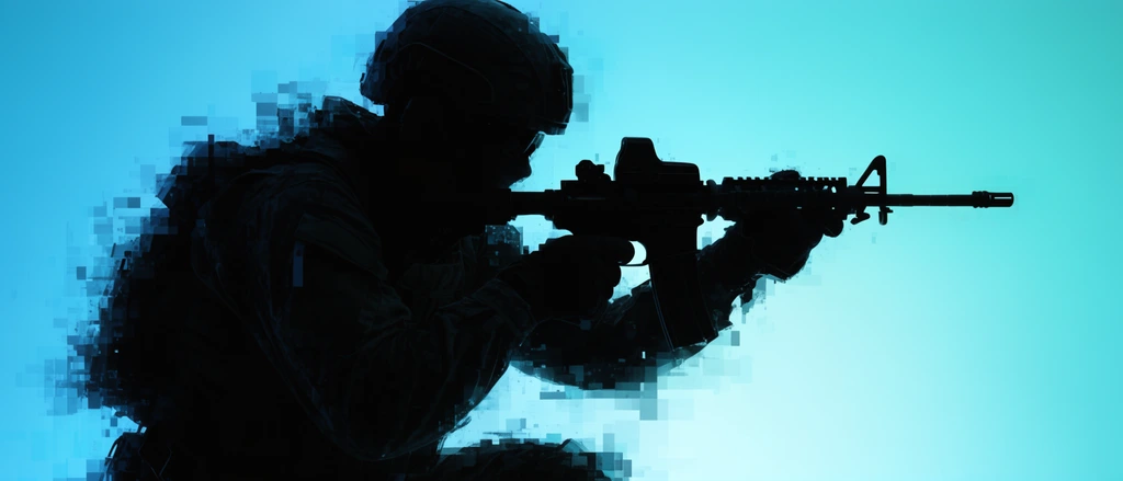 A silhouetted soldier in tactical gear crouches and aims an assault rifle against a luminous cyan gradient background. Blocky digital pixelation and glitch artifacts fracture the edges of the dark figure, creating a high-contrast futuristic military aesthetic.