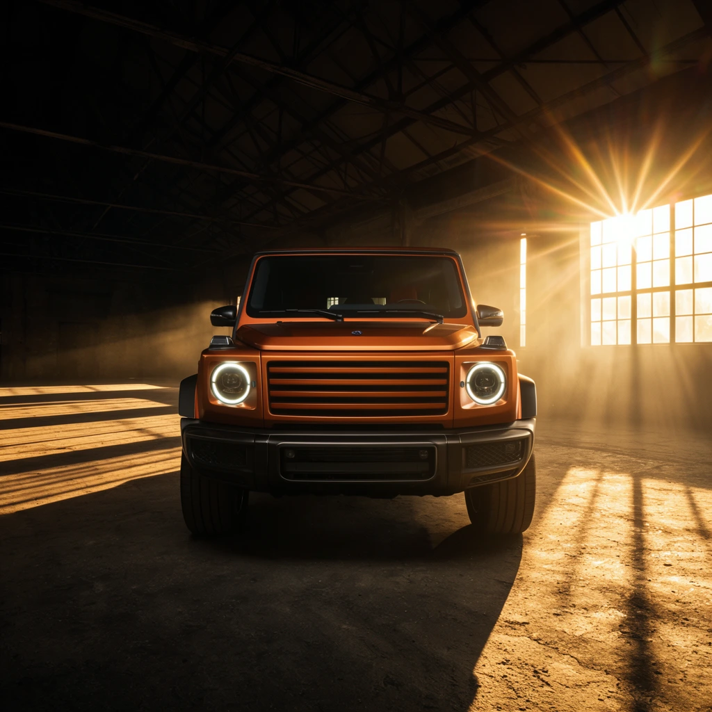 boxy copper-orange luxury SUV centrally parked inside a dark cavernous industrial warehouse, glowing circular LED headlights, wide horizontal slatted grille, rugged front bumper, dramatic high-contrast lighting, intense golden sunlight piercing through a large right-side window, striking starburst lens flare, volumetric light beams in dusty air, long harsh shadows stretching across a textured concrete floor, exposed metal roof trusses in deep shadow, warm cinematic atmosphere, high-end automotive photography