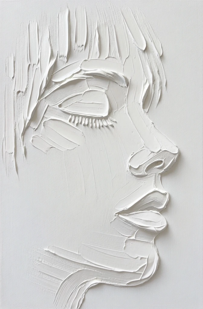 An all-white, monochromatic impasto painting depicts a human face in profile through thick, textured strokes of white paint on a flat white background. Facing to the right, the face is composed entirely of layered, raised strokes of heavy paint, with individual features defined by the shadows created by these elevated edges. A closed eye is visible with fine, vertical paint lines representing eyelashes, while the bridge of the nose, a nostril, full lips, and a chin are sculpted directly from the thick medium. The edges of the paint strokes are jagged and uneven, revealing a subtle canvas weave texture within the strokes themselves. This relief-like portrait emerges from the center of a flat, off-white, matte surface that possesses a slight grain. Lighting originates from the upper left, casting soft, gray shadows to the right and below the thick paint ridges, providing three-dimensional depth and form to the facial features. The perspective is a close-up profile view, and the entire composition is strictly monochromatic, relying on texture and shadow rather than color to define the subject. The style is minimalist and contemporary, emphasizing the tactile quality of the heavy paint application.