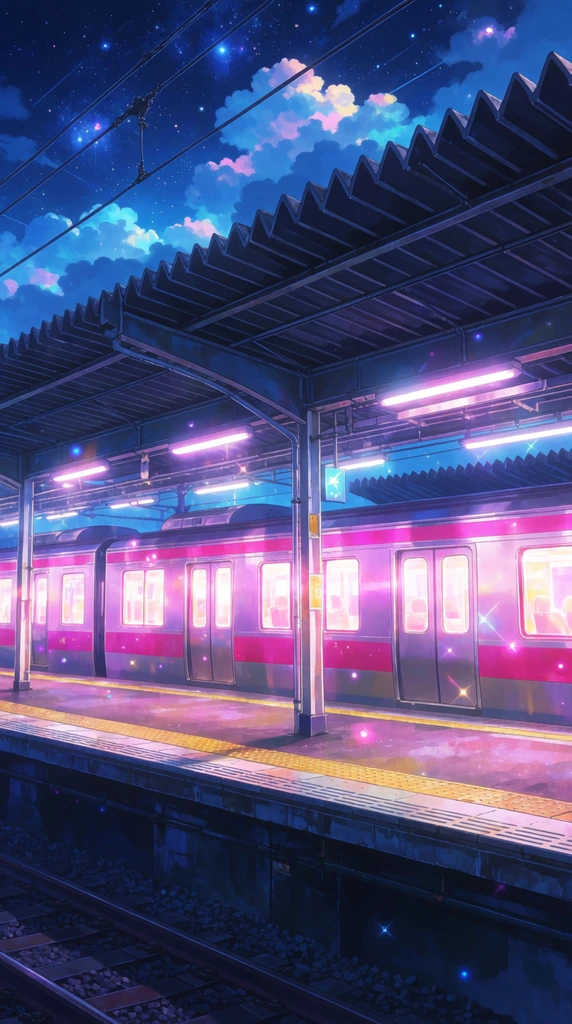 anime-style illustration of a nighttime train station platform, brightly glowing pink and white train windows, dark ridged canopy roof with slender metal pillars, yellow tactile paving along the edge, train tracks in the dark foreground, deep blue starry night sky, fluffy illuminated clouds, ethereal floating light sparkles, vibrant magenta and cyan color palette, highly detailed architectural lines, glowing fluorescent overhead lights, magical atmospheric lighting, cinematic eye-level perspective