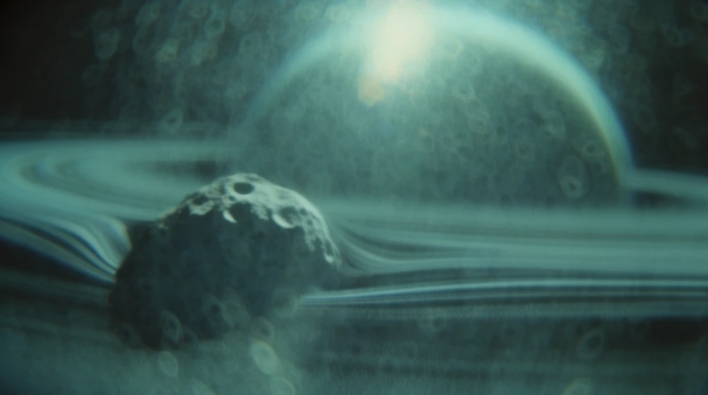 A single cratered asteroid in the foreground creates a... | Krea