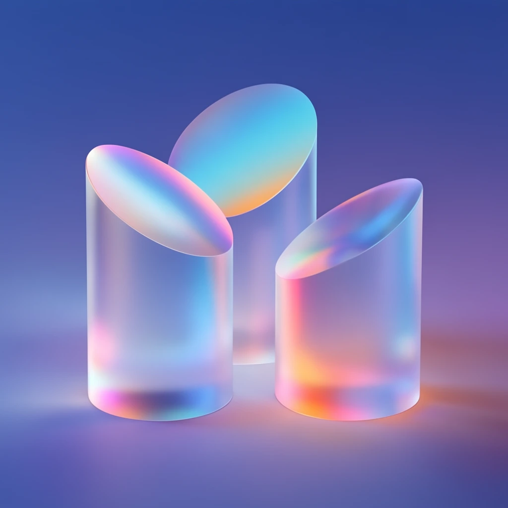 three frosted translucent cylinders with diagonally sliced tops, refracting iridescent neon cyan pink and orange light, soft glowing caustics, seamless purple-blue gradient surface, minimalist abstract 3D render