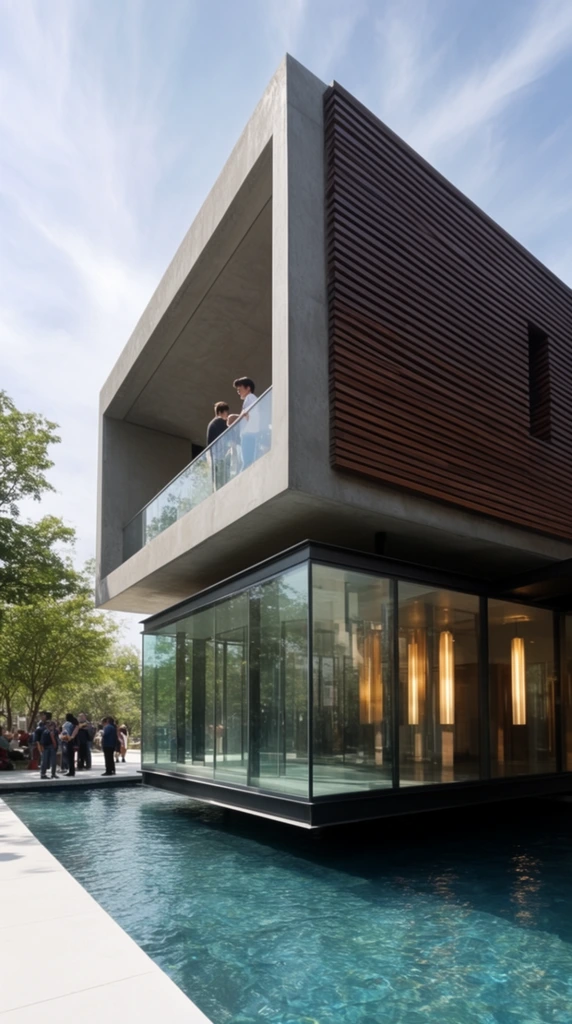 A contemporary multi-level building features a striking cantilevered design extending over a shimmering blue-green pool. The upper volume combines smooth grey concrete with dark brown horizontal wooden slats, framing a deep open-air balcony where two figures stand behind a glass railing. Below, a transparent glass pavilion framed in black metal hovers just above the water, revealing warm glowing vertical interior light fixtures. To the left, a white concrete walkway borders the pool, shaded by green trees where a small group of people gather. Bright daylight under a wispy blue sky illuminates the geometric architecture, captured from a dynamic low-angle perspective.