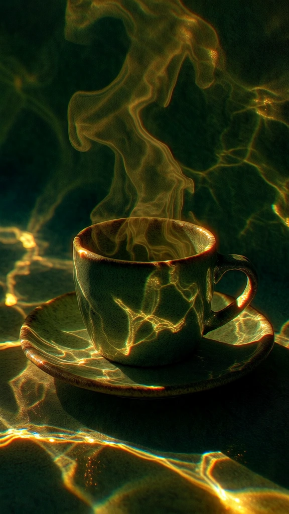 minimalist ceramic cup on a saucer, ethereal steam rising, scene drenched in deep emerald and forest green, intricate golden caustic light patterns dancing across the ceramic surface, warm amber highlights along the edges, glowing liquid-like webbing of light refracting through the atmosphere, moody high-contrast lighting, organic fluid textures, rich golden shimmer against dark depths, luxurious tactile aesthetic, shimmering water-like light play, cinematic mysterious atmosphere