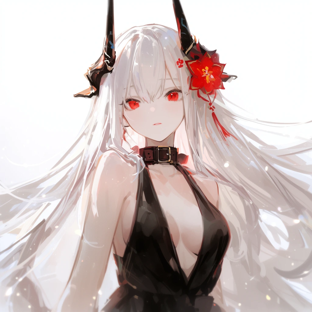 A pale anime-style woman with long flowing white hair, striking red eyes, and curved black horns stands against a bright white background with floating particles. She wears a revealing black halter dress, a dark buckled choker, and a vibrant red flower hairpiece. Soft ethereal lighting and loose painterly brushstrokes highlight her delicate expression and the dynamic sweeping movement of her hair.