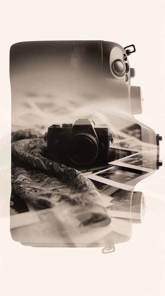 A surreal, double-exposure composition features a massive, translucent silhouette of a camera acting as a framing mask for a smaller, solid camera resting among floating photographs and a patterned scarf. The intricate motifs of the scarf and the rigid rectangles of the floating photos overlay and intersect with the primary shapes, dissolving into ethereal, low-opacity internal gradients. The artwork utilizes a fine-art multiple-exposure technique, blending sharp, high-contrast outer contours with faded, ghost-like internal textures. The color palette is strictly warm monochromatic, dominated by rich sepia, deep charcoal, warm black, and off-white tones. The clean, minimalist high-key cream background entirely isolates the subjects, emphasizing the soft, diffused interplay of the overlapping elements and the crisp masking effects.