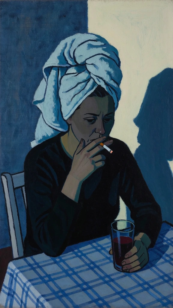 A portrait-oriented painting captures a woman seated at a table, her head adorned with a voluminous, light blue towel wrapped into a turban with numerous folds and sharp creases. She is dressed in a dark, long-sleeved black shirt and gazes downward with a somber expression, her face partially obscured by deep shadows. In her right hand, she holds a lit cigarette with a white body and an orange filter to her lips. Her left hand rests on the table, clutching the base of a tall glass filled with a dark red liquid. The table is covered with a blue and white checkered tablecloth that features a cross-hatched pattern. Behind her, the back of a white chair with vertical slats is partially visible. The background is divided into two distinct vertical sections: the left side is a textured, deep blue surface, while the right side is a smooth, pale cream-colored wall. A stark, dark blue shadow cast by the woman's figure stretches across the cream wall on the right. The lighting appears to come from the left, highlighting the left side of the towel and her face while plunging the rest into shadow. The painting exhibits a coarse texture, with the weave of the canvas clearly visible through the thin layers of paint, particularly in the blue areas and the towel. The style is characterized by bold outlines, a muted color palette dominated by blues and blacks, and a flattened sense of depth.