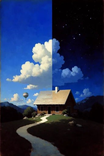 Celestial Dualistic Surrealism style reference image — day and night split composition