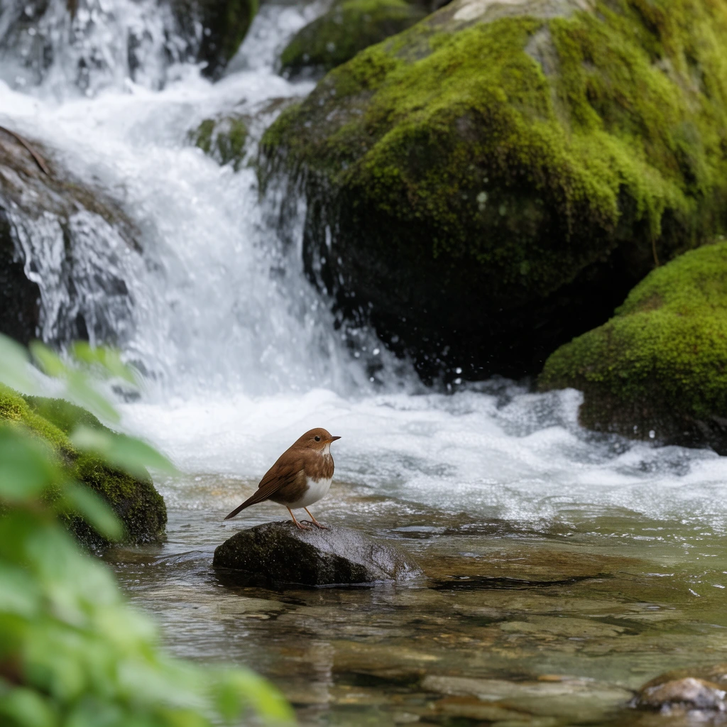 A small brown bird with a white breast perches on a wet rock in a clear, shallow stream. A vigorous waterfall cascades over massive dark boulders covered in vibrant green moss in the background, creating frothy white rapids. The nature photograph features a shallow depth of field with softly blurred green foliage in the foreground left, focusing sharply on the bird under soft, diffused natural light.