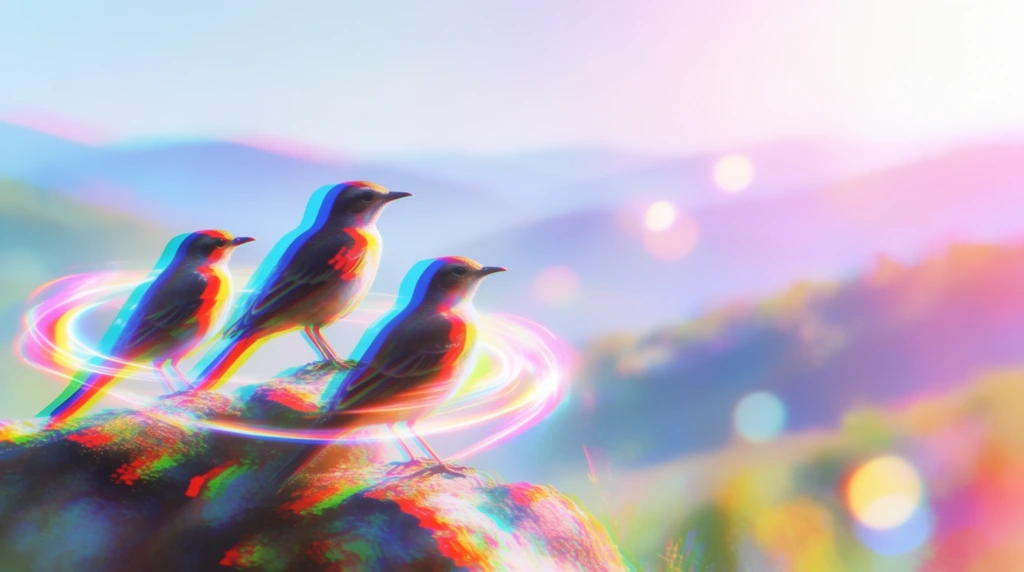Three birds perched on a rocky mound in the left foreground face a vast landscape of rolling hills. Extreme chromatic aberration distorts the scene with a stereoscopic 3D glitch effect, splitting vivid cyan, magenta, red, and green colors along the edges of the forms. Swirling, luminous neon light streaks wrap circularly around the birds. The composition features overexposed, soft-focus lighting with a pastel holographic palette of ethereal pink, blue, and purple hues. The distant hills recede into a heavily blurred, hazy atmosphere punctuated by large, glowing bokeh spheres.