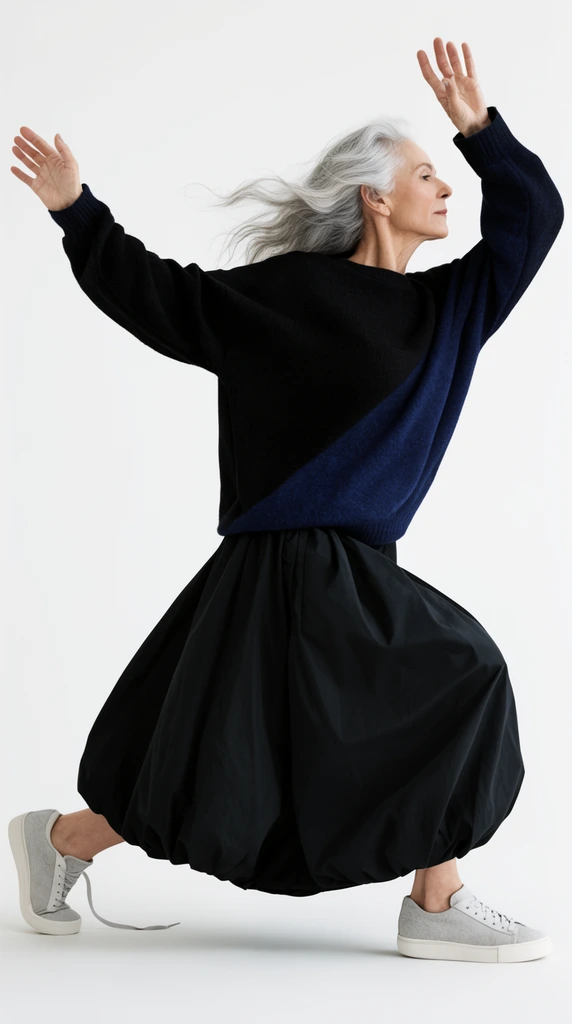 older woman in dynamic mid-stride dance pose, flowing silver hair, oversized black and navy sweater, voluminous black balloon skirt, light gray sneakers with a trailing untied shoelace, arms raised with open hands, deep wide lunge, sharp profile, seamless white studio background, bright even lighting, fashion editorial style, crisp focus
