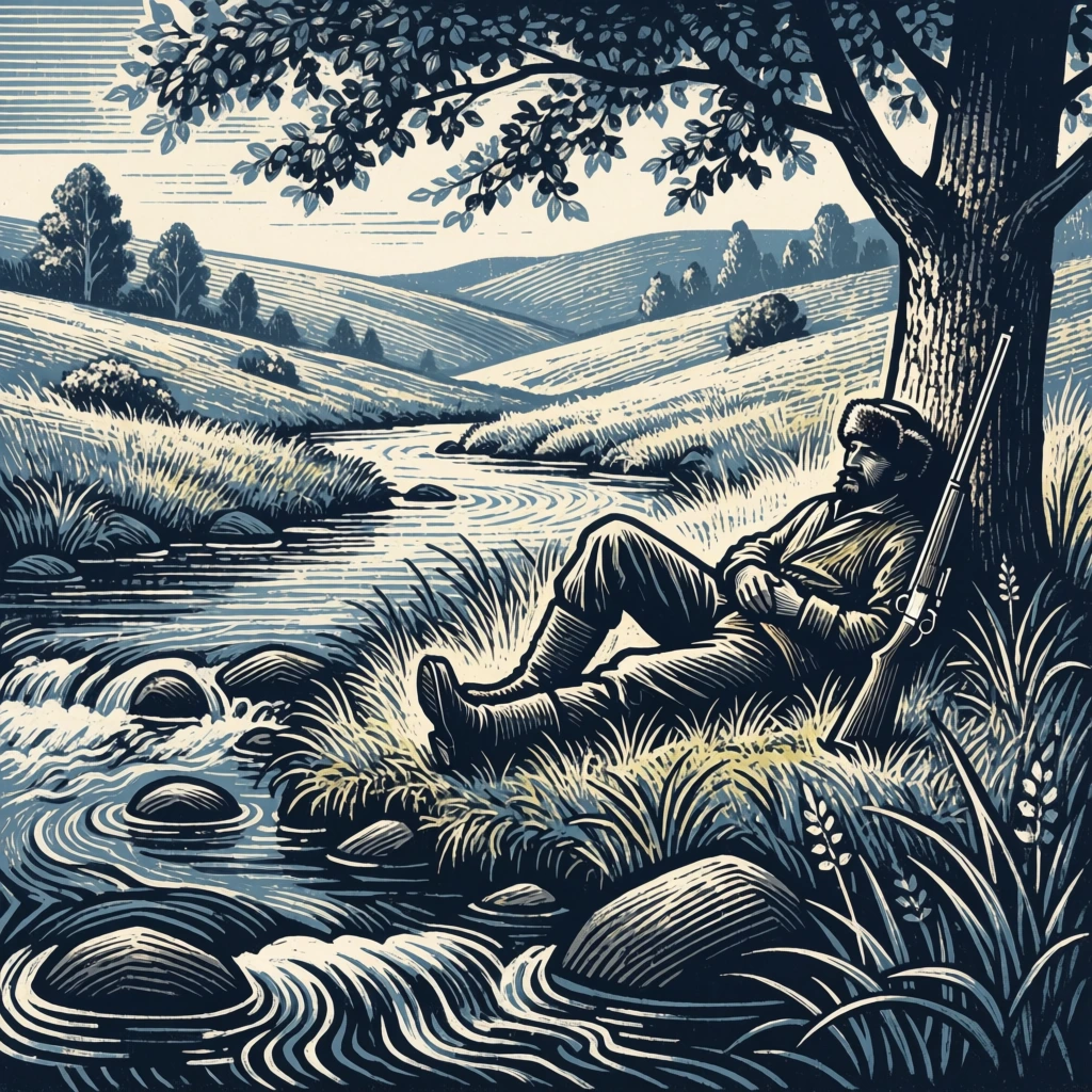 reclining figure resting against a tree trunk on a grassy riverbank, wearing a fur cap and rugged clothing, long rifle leaning against the bark, winding river flowing on the left with stylized wavy currents and smooth rocks, rolling grassy hills in the distance, overhanging leafy canopy, high-contrast woodblock print style, linocut illustration, monochromatic palette of navy blue and cream with light blue accents, bold hatching textures, graphic stylized line art, vintage engraving aesthetic