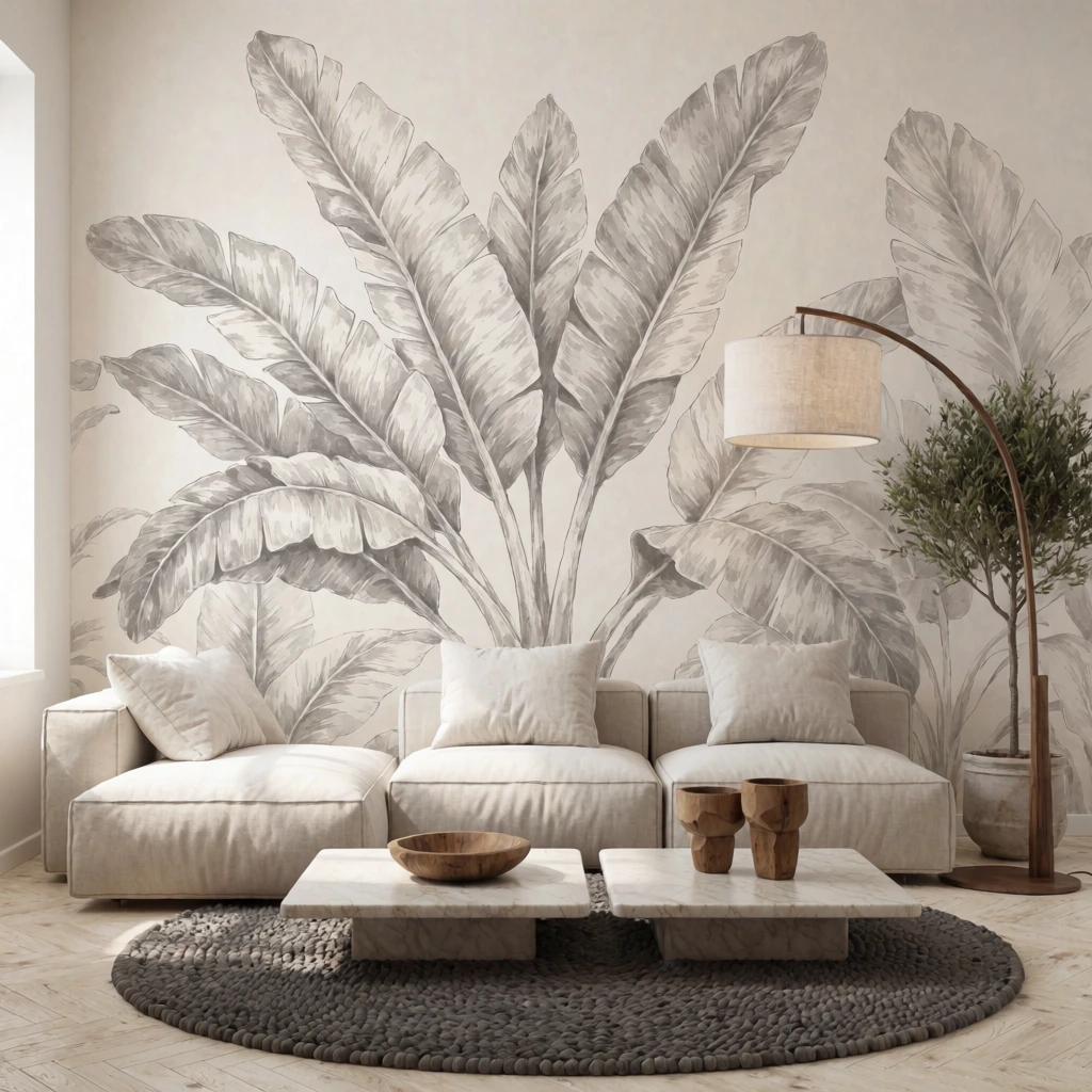 minimalist living room, large sketched monochromatic banana leaf wall mural, low cream sectional sofa, plush pillows, low square marble coffee tables, carved wooden bowls, round dark gray textured rug, contemporary curved fabric floor lamp, small potted tree, light wood herringbone floor, soft natural daylight, warm beige neutral palette, contemporary interior design