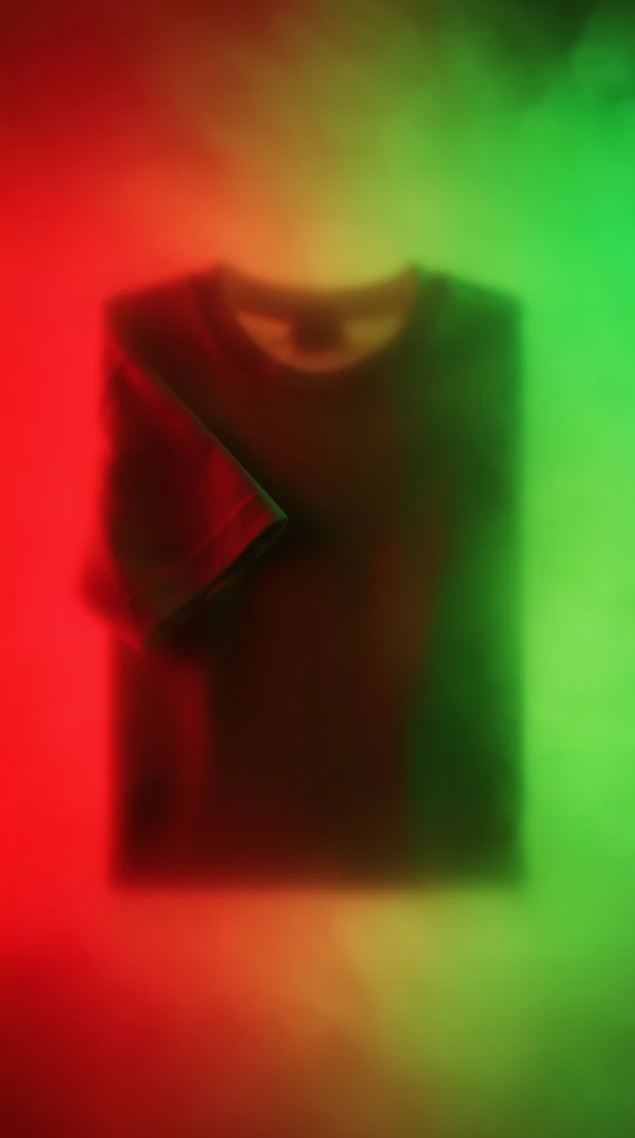 A heavily blurred, out-of-focus folded t-shirt with one sleeve folded over, rendered as a dark, indistinct silhouette in the center of the frame. The entire composition is enveloped in a thick, smoky haze and illuminated by intense, highly saturated split lighting. A vibrant, deep red light floods the left side of the scene, while a bright neon green light dominates the right side. The ambient background consists of soft, glowing color fields where the luminous red and green hues bleed through the fog and blend softly behind the central object. The underexposed t-shirt forms a shadowy, soft-edged mass against the brightly colored environment, with all physical textures and structural lines replaced by smooth, glowing color gradients and severe optical blur.