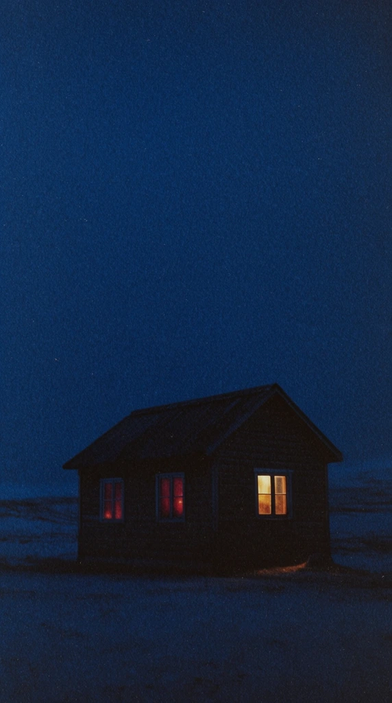 solitary dark wooden cabin in a barren night landscape, vast deep navy blue sky dominating the frame, heavy vintage film grain texture, monochromatic blue nocturnal environment, three small windows on the facade, two left windows emitting a faint red glow, rightmost window shining brightly with warm golden orange light, subtle warm illumination spilling onto the dark structure, bottom-heavy minimalist composition, eerie isolation, lo-fi cinematic photography