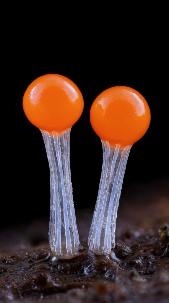 two glossy bright orange spherical slime mold fruiting bodies, translucent vertically striated icy stalks, growing from a dark damp textured substrate, pitch black background, extreme macro photography, sharp focus, striking color contrast