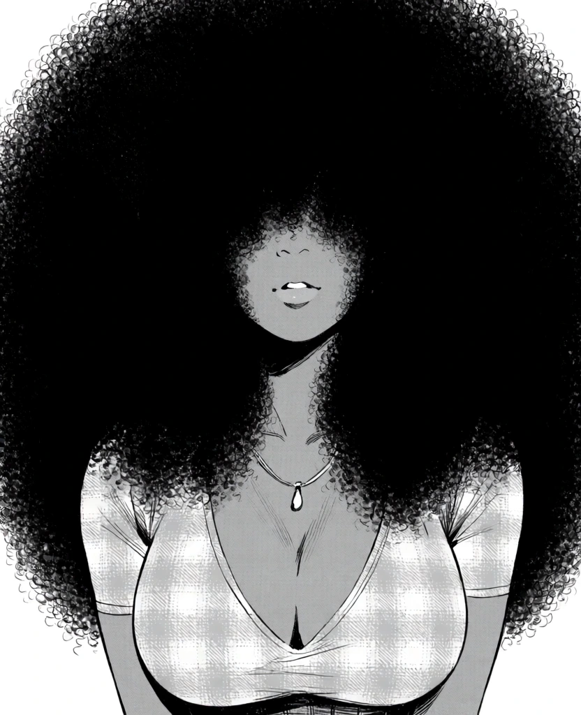 A black and white manga-style illustration features a woman with a massive, voluminous black afro that frames her face and upper body. The hair is textured with dense, stippled dots, creating a coarse and heavy appearance that obscures her eyes and the upper portion of her face. Her nose and slightly parted lips are visible in the center, rendered with minimalist lines against her grey-toned skin. She wears a light-colored, patterned top with a subtle cross-hatch or plaid texture, featuring a low neckline that reveals her chest and a thin necklace with a small pendant resting between her collarbones. Her body is positioned frontally, filling most of the frame from the chest up. The lighting is dramatic, with high contrast between the solid black of her hair and the lighter tones of her skin and clothing. The background is a stark, plain white, emphasizing the subject's silhouette. The artistic style uses screentone textures for shading and depth, particularly on her skin and the fabric of her garment, while sharp line work defines the contours of her jawline and neck. The composition is a close-up portrait, focusing on the texture and scale of the hair relative to the figure's face.
