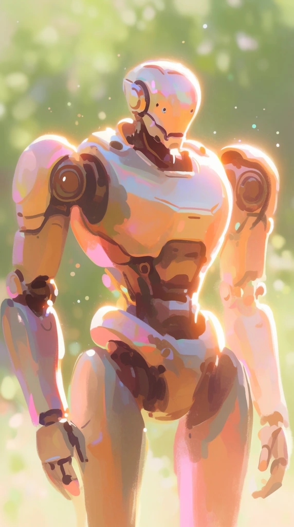 A large mechanical humanoid robot rendered in a whimsical, stylized digital painting aesthetic characterized by loose, expressive brushstrokes and smooth gradient blends. The towering robot features softly rounded, stylized metallic armor plates reflecting a luminous pastel color palette of warm peachy oranges, delicate iridescent pinks, and warm earthy grays. Intense, dreamy backlighting casts a radiant, glowing rim-light halo along the robot's mechanical silhouette, illuminating its intricate joints and broad chassis with a gentle, ethereal light bloom. The heavily blurred, shallow depth-of-field background consists of dappled sunlight filtering through out-of-focus soft green botanical shapes and floating luminous specks. The composition features high-key, sun-drenched warmth with painterly edges, luminous pastel shadows, and a soft, enchanting atmosphere blending concept art aesthetics with a vibrant, magical glow.