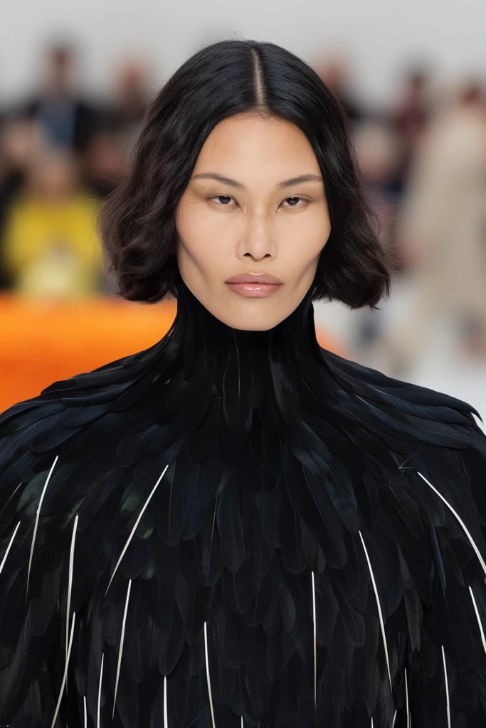 A runway portrait of a woman wearing a high-necked garment constructed entirely of layered black feathers with thin white quills. She has sharp cheekbones, minimal makeup, glossy lips, and dark hair in a center-parted, wavy chin-length bob. Her gaze is direct and neutral. Shot with a telephoto lens, the shallow depth of field sharply highlights her facial contours and the matte feather textures. The brightly lit background blurs the fashion show audience into soft washes of orange, yellow, and grey, emphasizing the striking, sculptural silhouette of the feathered top.