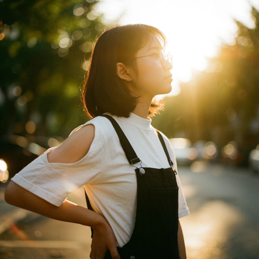 A profile portrait of a young woman illuminated by strong golden hour backlighting. She has dark bobbed hair with glowing rim lighting, wire glasses, a white cutout-sleeve shirt, and black overalls with one hand resting on her hip. The vintage film-style photography features prominent grain, soft contrast, and shallow depth of field, dissolving the background trees and street into warm circular bokeh.