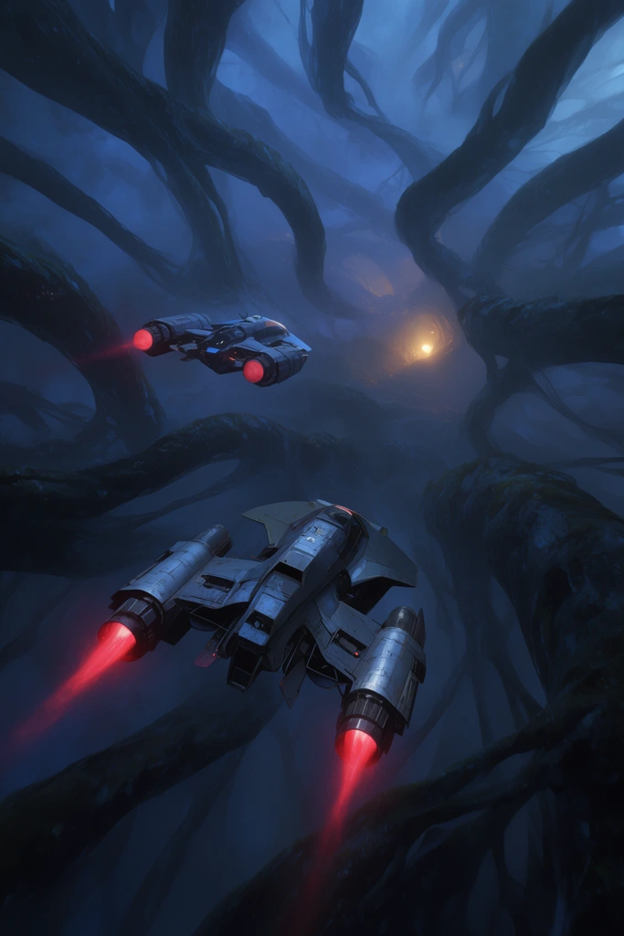 twin-engine sci-fi speeders navigating massive twisting alien roots, dark blue foggy atmosphere, glowing red exhausts, distant warm light, cinematic digital concept art