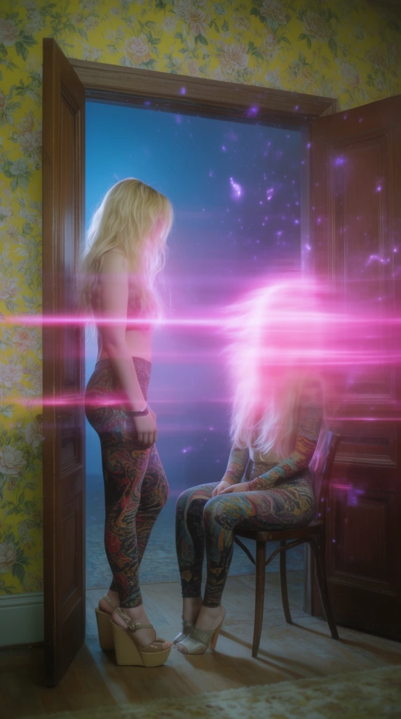 Surreal view through open wooden doors of two blonde women, standing figure in patterned leggings and platform wedges facing a seated figure whose head is obscured by a glowing magenta aura and motion blur, intense horizontal pink lens flares, ethereal purple particles, yellow floral wallpaper contrasting with blue interior lighting, dreamlike composite photography