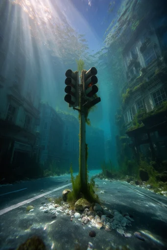Submerged Cinematic Surrealism style reference image — volumetric lighting