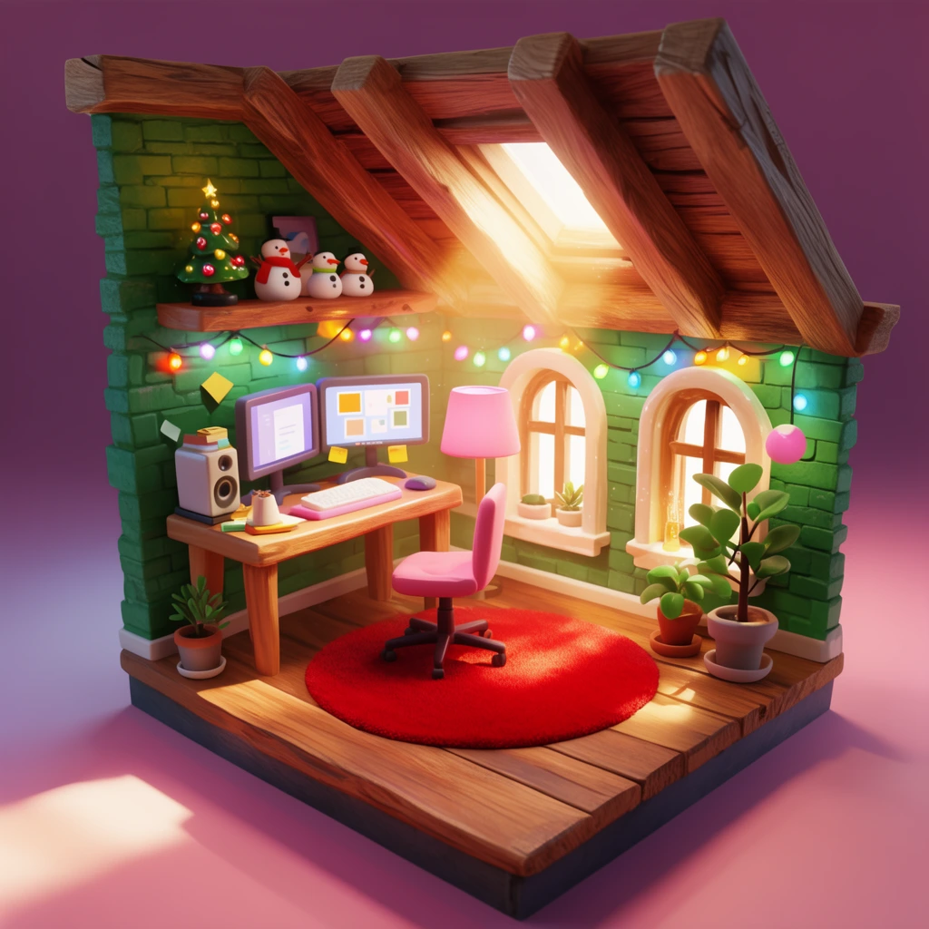 cutaway diorama of a cozy attic studio, 3D stylized rendering, isometric perspective, desk with dual monitors and pink chair, warm sunbeam streaming from a wooden skylight, exposed ceiling beams, green brick walls, arched windows, small snowmen, miniature Christmas tree, colorful string lights, red circular rug, potted plants, pink floor lamp, vibrant warm lighting