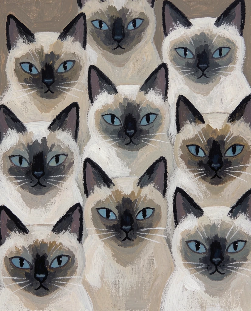 tightly packed group of stylized Siamese cats, naive art acrylic painting on textured canvas, rough expressive brushstrokes, cream and white fur with dark grey and brown facial points, piercing bright blue almond-shaped eyes, flat dense composition, overlapping heads filling the frame, muted earthy palette of beige and taupe, whimsical and slightly surreal atmosphere