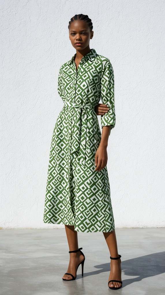 full-body fashion portrait, young Black woman wearing a green and white geometric patterned midi shirt dress, matching waist tie, black strappy high heels, braided hair close to scalp, textured white wall, smooth concrete floor, harsh direct sunlight, sharp cast shadows, minimalist aesthetic, clean editorial composition