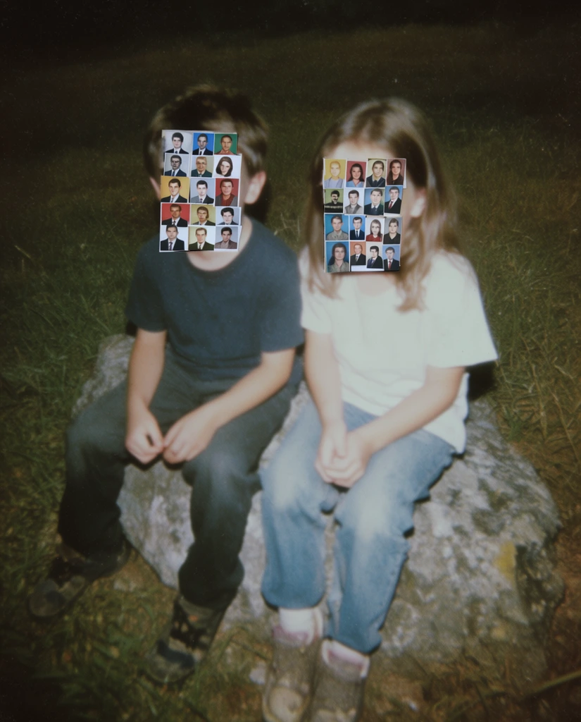 A boy and a girl sitting on a large rock in a grassy field, rendered in the gritty, lo-fi aesthetic of vintage amateur flash photography. The faces of both subjects are entirely obscured by flat, rectangular grids of small, brightly colored and monochrome passport-style portrait photographs collaged directly over their heads in a surreal visual treatment. Harsh, direct on-camera flash aggressively illuminates the figures and the rough texture of the rock, casting hard-edged, deep shadows and plunging the surrounding grassy field into a dark, heavily vignetted, and underexposed background. The composition possesses the candid, unpolished feel of a disposable camera snapshot, characterized by thick film grain, slightly soft focus, muted and muddy color grading, and stark, blown-out contrast from the artificial lighting.