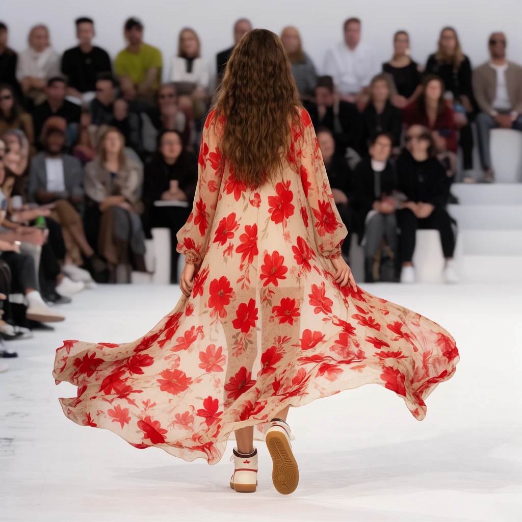 A model walks away down a brightly lit white runway, wearing a flowing, sheer beige maxi dress covered in large red floral prints. Her long wavy brown hair falls over her back as the dress billows dramatically, revealing casual high-top sneakers with gum soles. A softly blurred audience watches from tiered seating in the background.