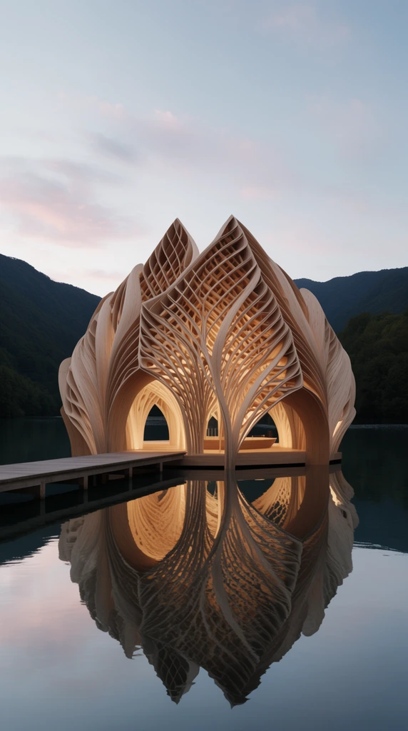 biomimetic wooden pavilion on a calm lake, parametric lattice architecture resembling a blooming lotus, curved timber ribs glowing with warm interior light, arched entrance connected to a wooden pier, mirror reflection in the water, dark forested mountains, soft blue and pink twilight sky, photorealistic architectural render