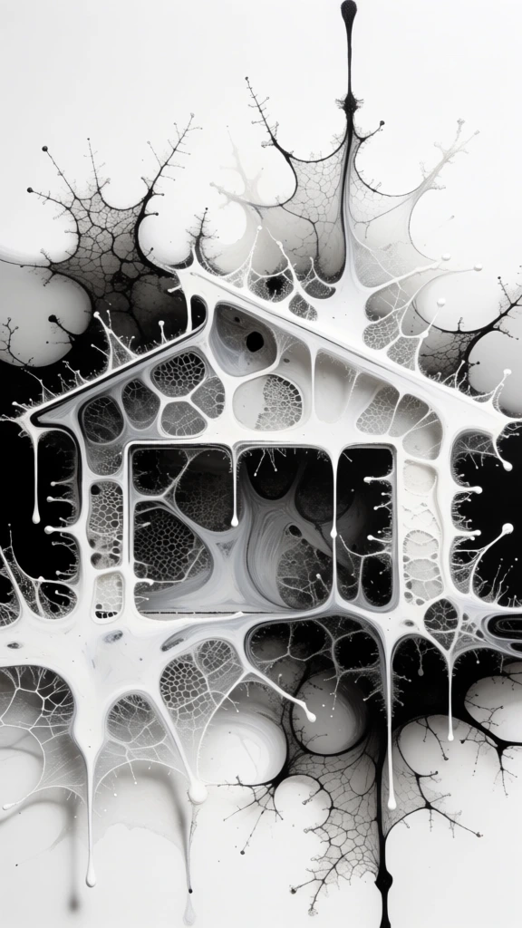 abstract single-story house with a minimalist awning, sculpted from high-contrast monochromatic fluid dynamics, organic cellular webbing and dendritic branching patterns, thick sculptural white liquid splashes merging with fine black ink tendrils, intricate voronoi cell structures forming the architectural silhouette, vertical composition with gravity-defying drips, soft studio lighting creating depth and tactile 3d shadows, stark white background, dynamic liquid splash aesthetic