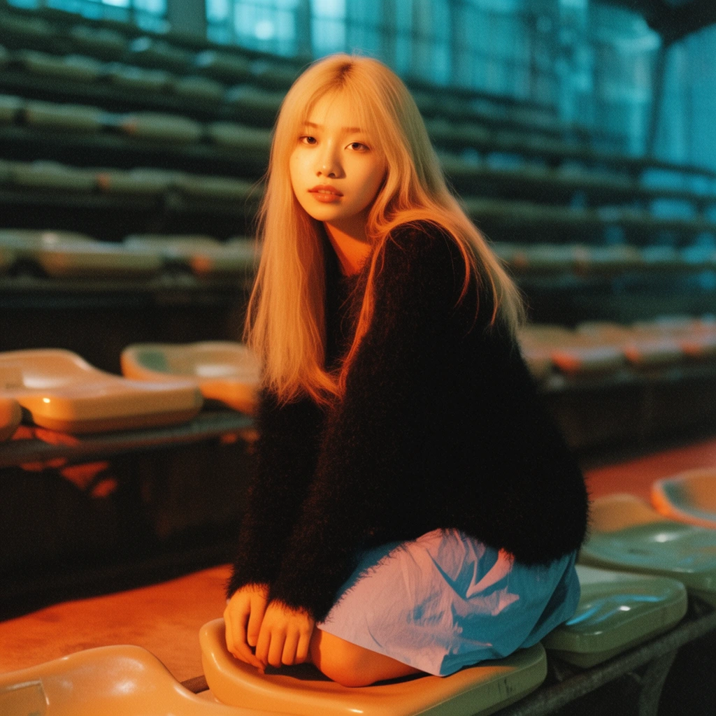 young East Asian woman with long blonde hair looking at camera, fuzzy black sweater over light blue dress, kneeling on folded plastic stadium seats, hands gently clasped, empty tiered seating, dramatic dual-tone lighting, warm orange light illuminating her right side, cool cyan wash in blurred background, cinematic film photography, heavy grain, shallow depth of field