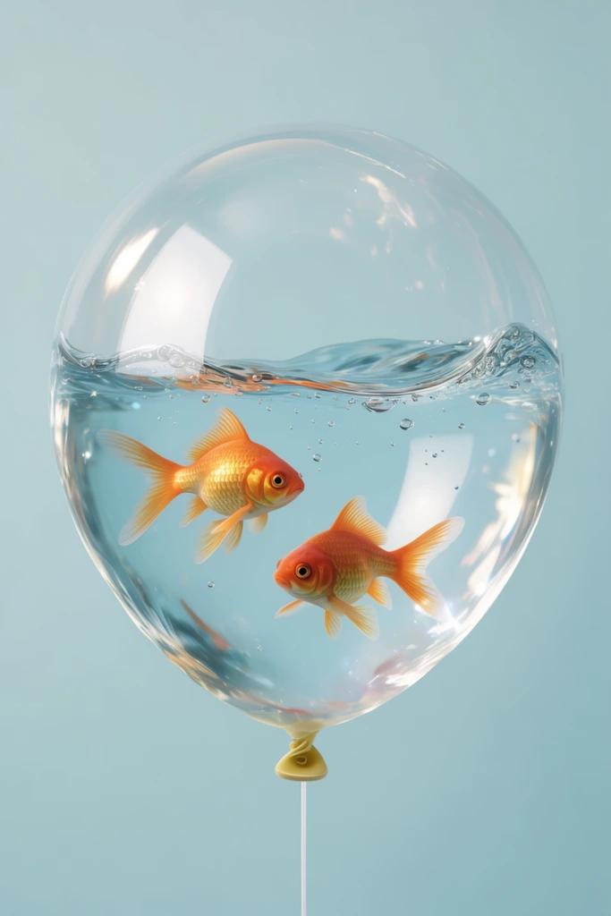 transparent balloon half-filled with water, two orange goldfish swimming, wavy waterline, tiny bubbles, pastel blue background, glossy reflections, surrealism