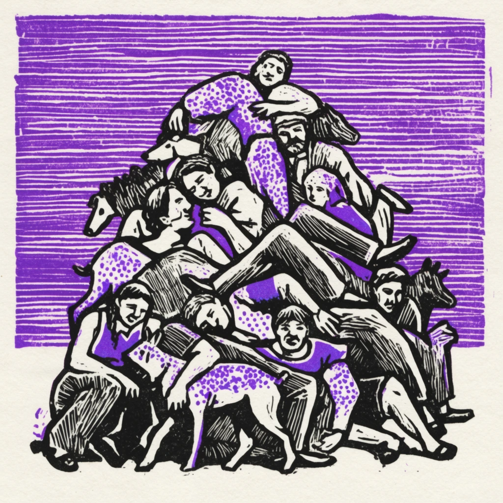 A tangled, towering pile of men, women, and animals rendered in a bold, high-contrast woodcut printmaking style. The intertwined bodies, faces, and limbs are illustrated using thick, stark black ink outlines, dense directional hatching, and solid black shadow fills on a textured off-white paper surface. Vivid violet-purple ink acts as a spot color, applied as stippled dot patterns across select articles of clothing and animal hides. Directly behind the central heap of figures is a distinct rectangular backdrop composed of tightly spaced, hand-drawn horizontal violet-purple lines with slight variations in thickness and ink bleed. This heavily textured purple background block terminates abruptly near the bottom third of the composition, creating a sharp horizontal boundary against the bare off-white paper forming the floor beneath the pile. The visual treatment heavily emulates a handcrafted two-color linocut or risograph print, emphasizing graphic flatness, tactile ink textures, and distinct color separation.
