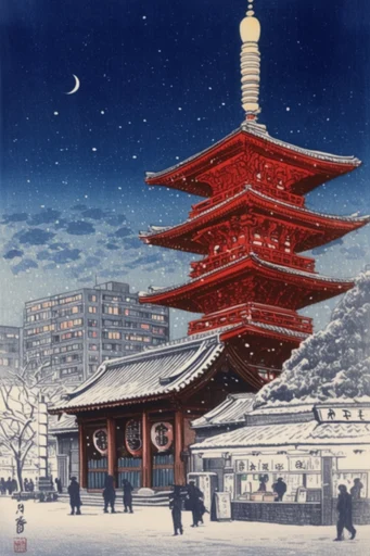 Nocturnal Woodblock Noir style reference image — shin-hanga woodblock style