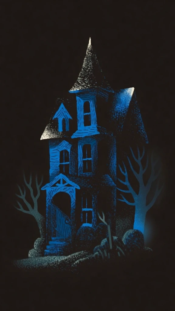 a high-contrast graphic illustration of a three-story victorian house and skeletal trees, heavily stippled and grainy pointillist texture, vibrant cerulean blue forms against a void-like black background, whimsical gothic aesthetic, minimalist surrealism, hand-drawn lithographic feel, fine granular details on architectural gables and spindly branches, eerie nocturnal atmosphere, surreal chiaroscuro lighting, textured cerulean highlights and deep shadows
