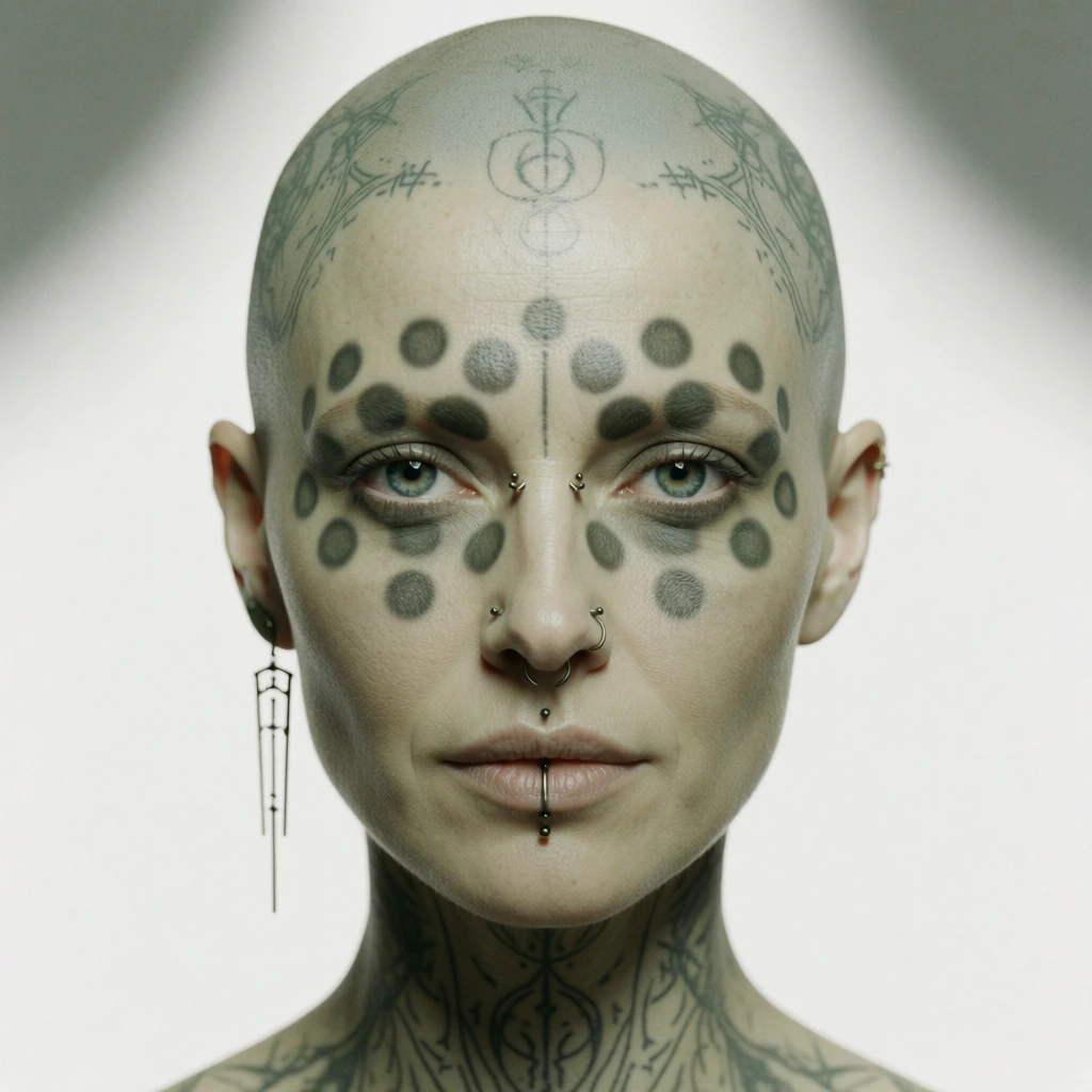 close-up portrait of a bald woman, centered symmetrical framing, high-key diffused studio lighting with soft falloff, desaturated sage green and muted olive color palette, matte skin texture with visible pores and fine grain, tonal geometric circular paint patterns on her face, delicate metallic facial piercings, architectural earring, fine-line monochromatic tattoos across the scalp and neck, clinical minimalist aesthetic, neutral white background, sharp focus, high-end e-commerce style.
