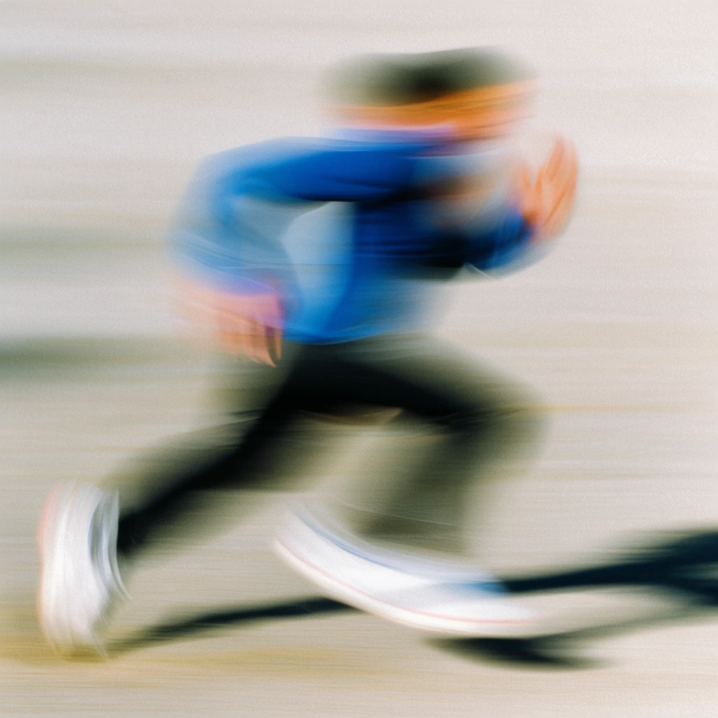 Extreme horizontal motion blur abstracts a sprinting figure into kinetic streaks of color against a pale, smeared background. The person's blue top, dark pants, and white shoes dissolve into the grainy texture, trailing an elongated dark shadow to the right.