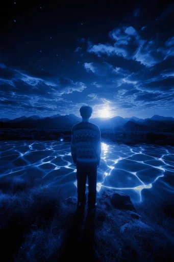 Monochromatic Cobalt Dreamcore style reference image — wet reflective surfaces