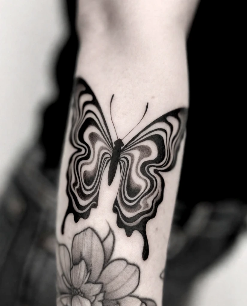 A close-up monochrome photograph of an intricate butterfly tattoo on a pale forearm. The stylized insect features mesmerizing, liquid-like wavy patterns inside its wings, rendered with thick black outlines and soft grey shading. Two thin antennae extend upward from a dark central body. Just below sits a partially visible floral tattoo with layered petals. The tattooed skin remains in sharp macro focus against a heavily blurred background of dark clothing. The shallow depth of field highlights the high-contrast ink work and smooth, psychedelic gradients of the design.