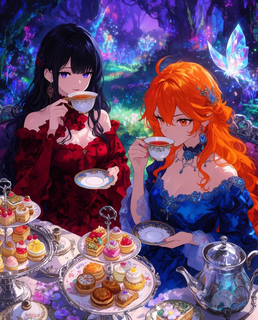 two anime-style women enjoying high tea, one with raven-black hair in a crimson ruffled dress, the other with fiery orange hair in a sapphire gown, sipping from delicate teacups, lavish spread of intricate pastries on silver tiered stands, a glowing crystalline butterfly hovering nearby, magical bioluminescent forest at twilight, dappled luminous lighting, highly detailed anime illustration, vibrant color palette