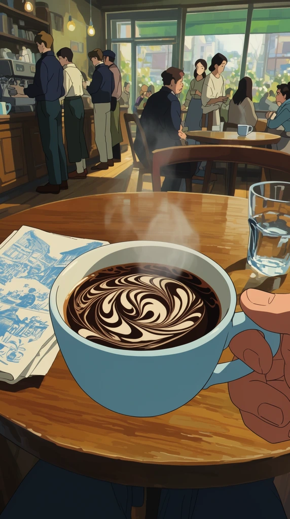 first-person POV of a hand holding a light blue ceramic coffee cup, intricate swirling cream patterns in dark coffee, rising steam, wooden table, folded paper with blue illustrations, water glass, bustling cafe interior with standing patrons, bright windows, 2D anime style, cel-shaded, cinematic daylight